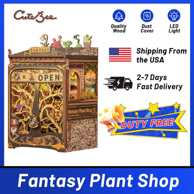 CUTEBEE Book Nook DIY Mini Dollhouse with Light Wooden Bookshelf Insert Fantasy Plant Shop Booknook Decor for Gifts 3D Puzzle