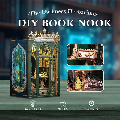 CUTEBEE Book Nook Kit 3D Miniature House Led Light Bookshelf Insert Booknook The Darkness Herbarium for Home Decoration