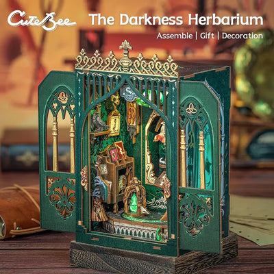 CUTEBEE Book Nook DIY Mini Dollhouse with Light Wooden Bookshelf Insert the Darkness Herbarium Booknook Decor for Gift 3D Puzzle