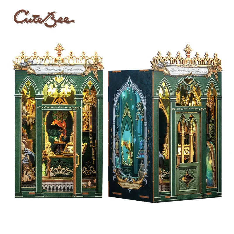 CUTEBEE Book Nook Kit 3D Miniature House Led Light Bookshelf Insert Booknook The Darkness Herbarium for Home Decoration
