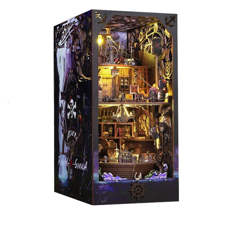 Retro DIY Wooden Book Nook Shelf Insert Kits Miniatures Magical Pirate Ship Bookcase Home Bookshelf Decor Adult Handmade Gifts