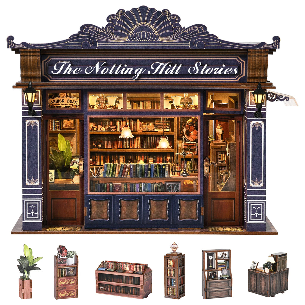 DIY Book Nook Kit Notting Hill Bookstore Wooden  Bookshop Dollhouse with Light Bookshelf Insert 3D Puzzle Decor for Gift