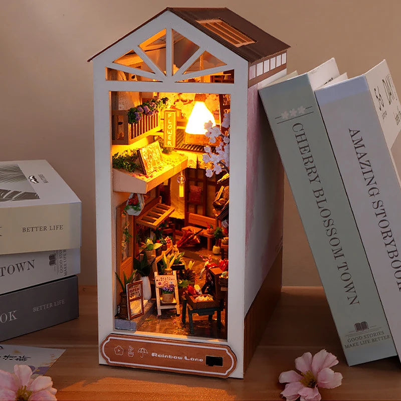 DIY Book Nook Kit Bookend Kit Wooden Doll House Bookshelf Insert Decor With Warm Light 3D Puzzle Assembly Building Model Gifts