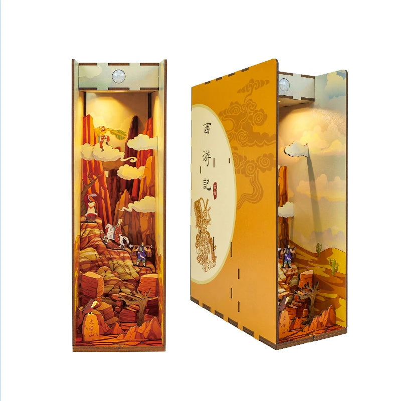 DIY Book Nook Kit for Adults Wooden 3D Puzzle Bookend Bookshelf Insert Decor Booknook Miniature House Kit With Dust Cover LED