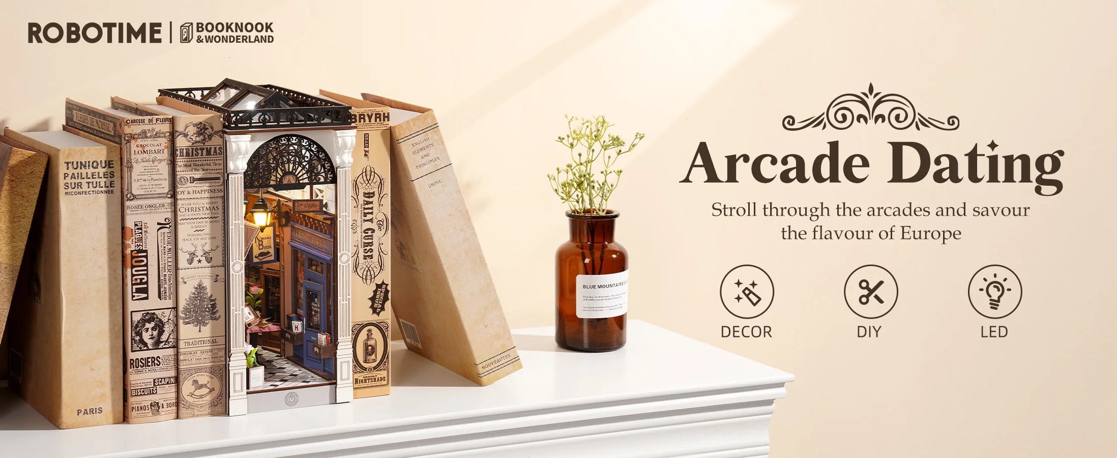 Robotime Arcade Dating Booknook with Dust Cover DIY Miniature Dolls House Kit 3D Wooden Puzzle Bookend Bookshelf Decor Gift
