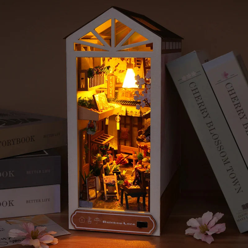 New Book Nook Japanese City Alley Model Building Bookend Bookshelf Insert Bookcase DIY Assemble Toys Child Girl Adult Gift Casa