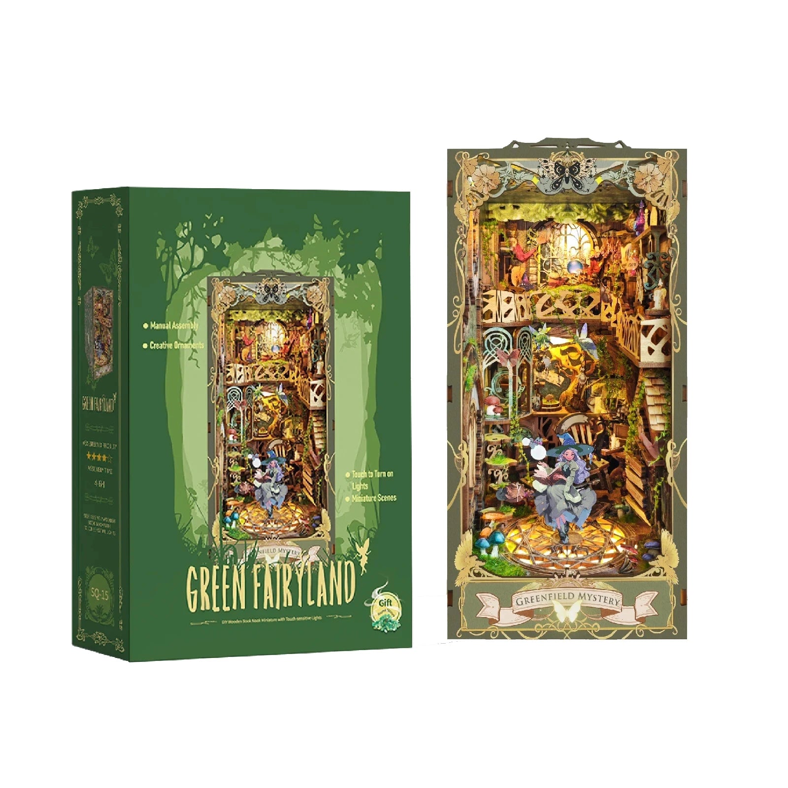 DIY Wooden Book Nook Shelf Insert Kit Miniature Building Kits Magic Night Alley Bookshelf with LED Lights Bookends Friends Gifts