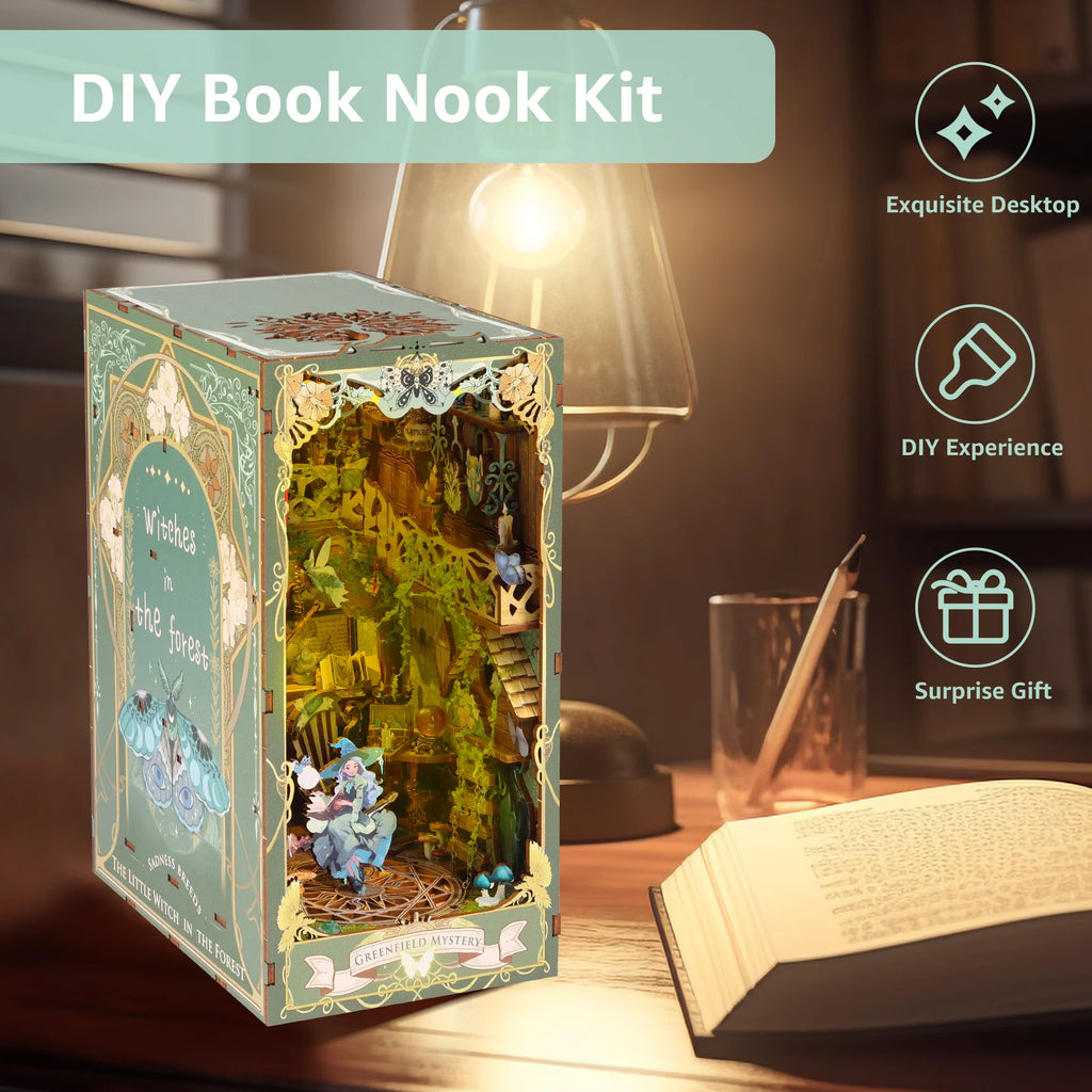 DIY Book Nook Miniatures Shelf Mini Doll House Kit LED Glowing Book Nook Dollhouse Wooden Bookshelf Home Decoration NewYear Gift