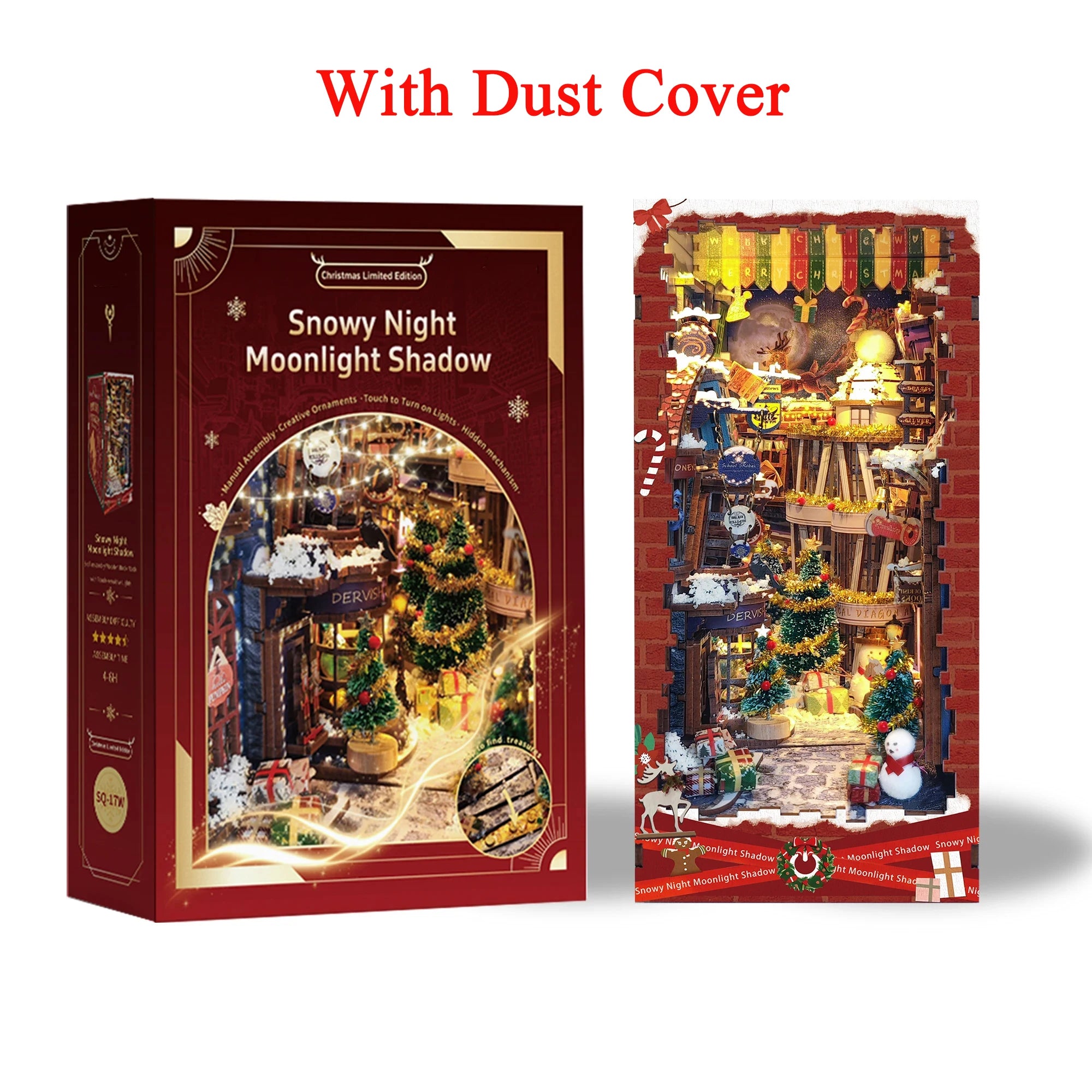 DIY Wooden Book Nook Shelf Insert Kit Miniature Building Kits Magic Night Alley Bookshelf with LED Lights Bookends Friends Gifts