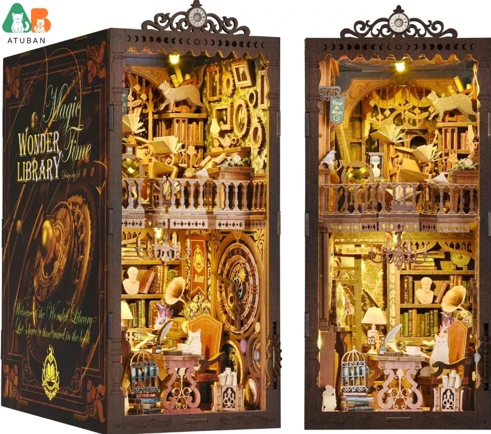 Book Nook Kit,DIY Miniature Dollhouse Booknook Kit,3D Wooden Puzzle Bookend Bookshelf Insert Decor LED Light for Teens Adults