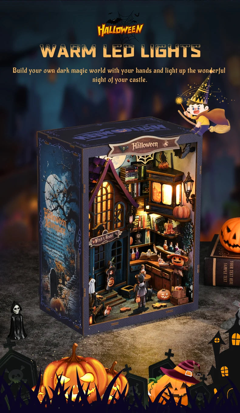 Book Nook Kit DIY Doll House With LED Light Bookshelf Insert Wooden Mini Dollhouse Furniture Light Kit For Birthday Family Gift