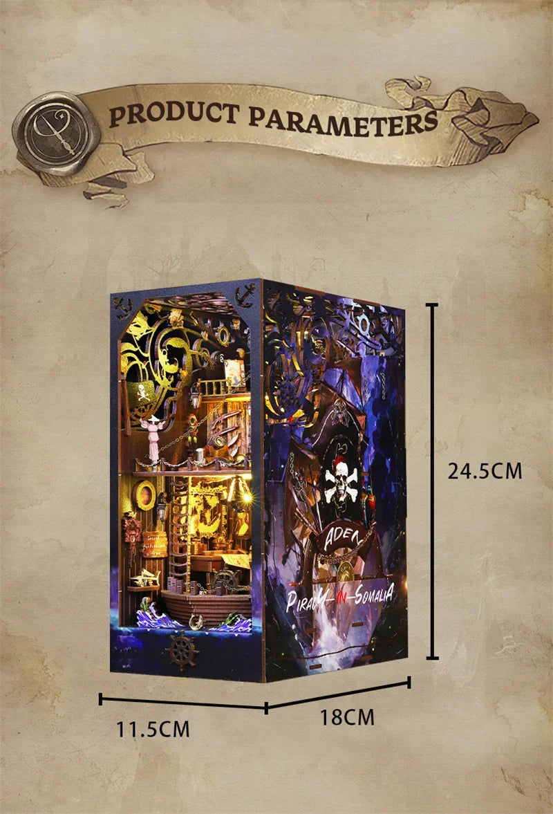 Retro DIY Wooden Book Nook Shelf Insert Kits Miniatures Magical Pirate Ship Bookcase Home Bookshelf Decor Adult Handmade Gifts