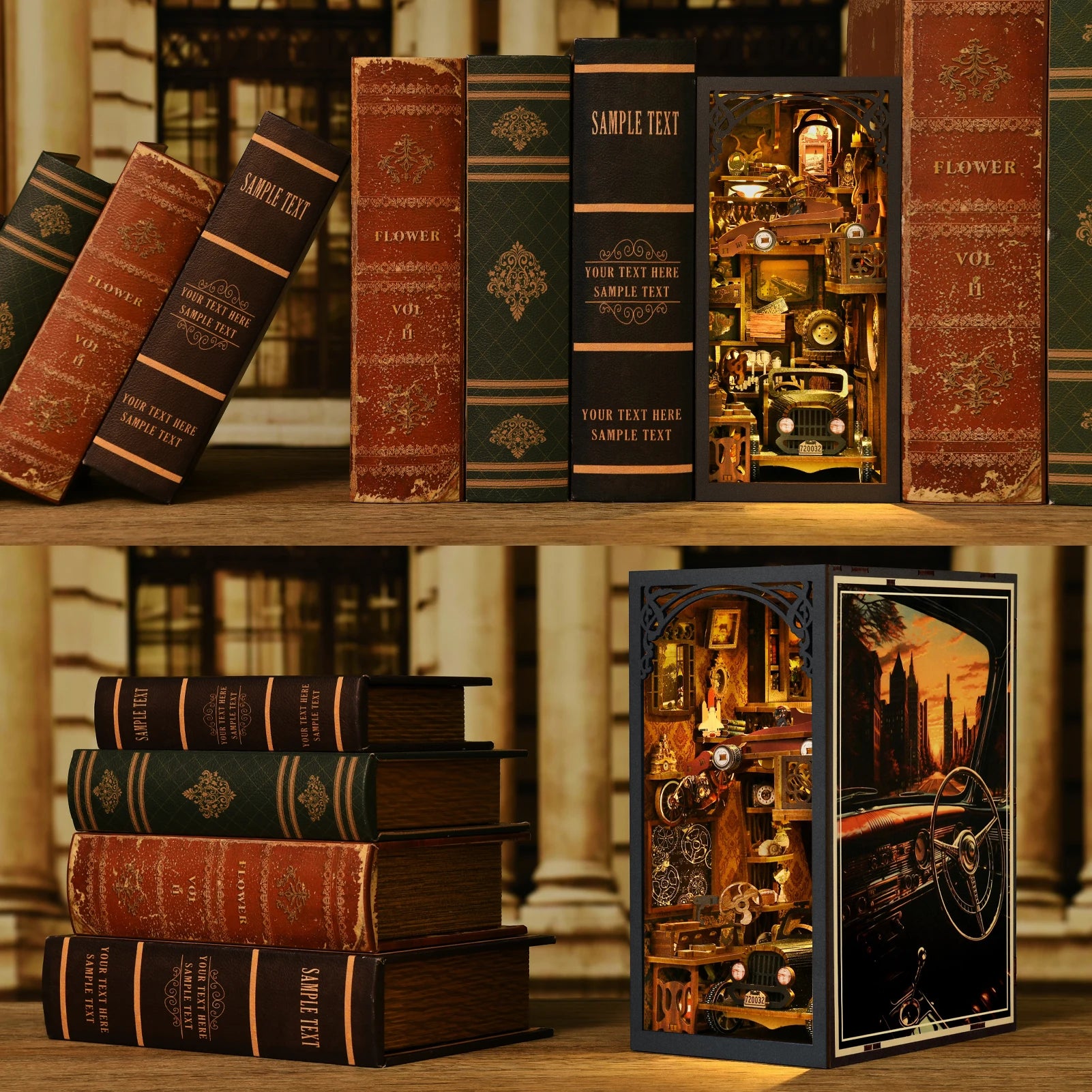 DIY Dollhouse Book nook Kit Vintage Car Museum Magical Realistic Imagination Simulated Book Nook Kit Bookend Stand F1 3D Puzzle