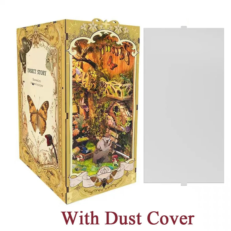 DIY Wooden Book Nook Shelf Insert Kit Miniature Building Kits Magic Night Alley Bookshelf with LED Lights Bookends Friends Gifts