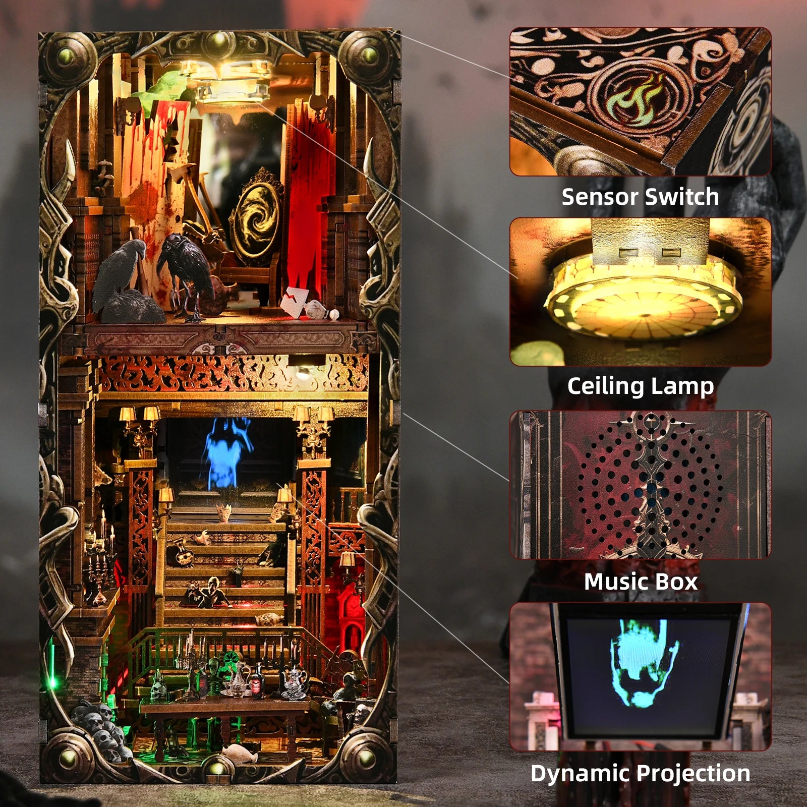 Book Nook Kit Haunted Hotel Halloween 3D DIY Wooden Puzzle Handmade Bookshelf Dollhouse Model Bookend Building Home Decoration