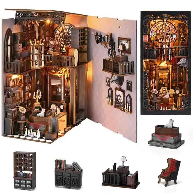Book Nook Kit Dark Family DIY Wooden Puzzle Gothic style Halloween Bookshelf Dollhouse Model Bookend Building Home Decoration