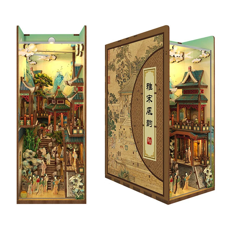 DIY Wooden Book Nook Shelf Kits Puzzle Alice in Wonderland Sensing Bookends Toy Bookshelf for Friends Gifts Home Decoration