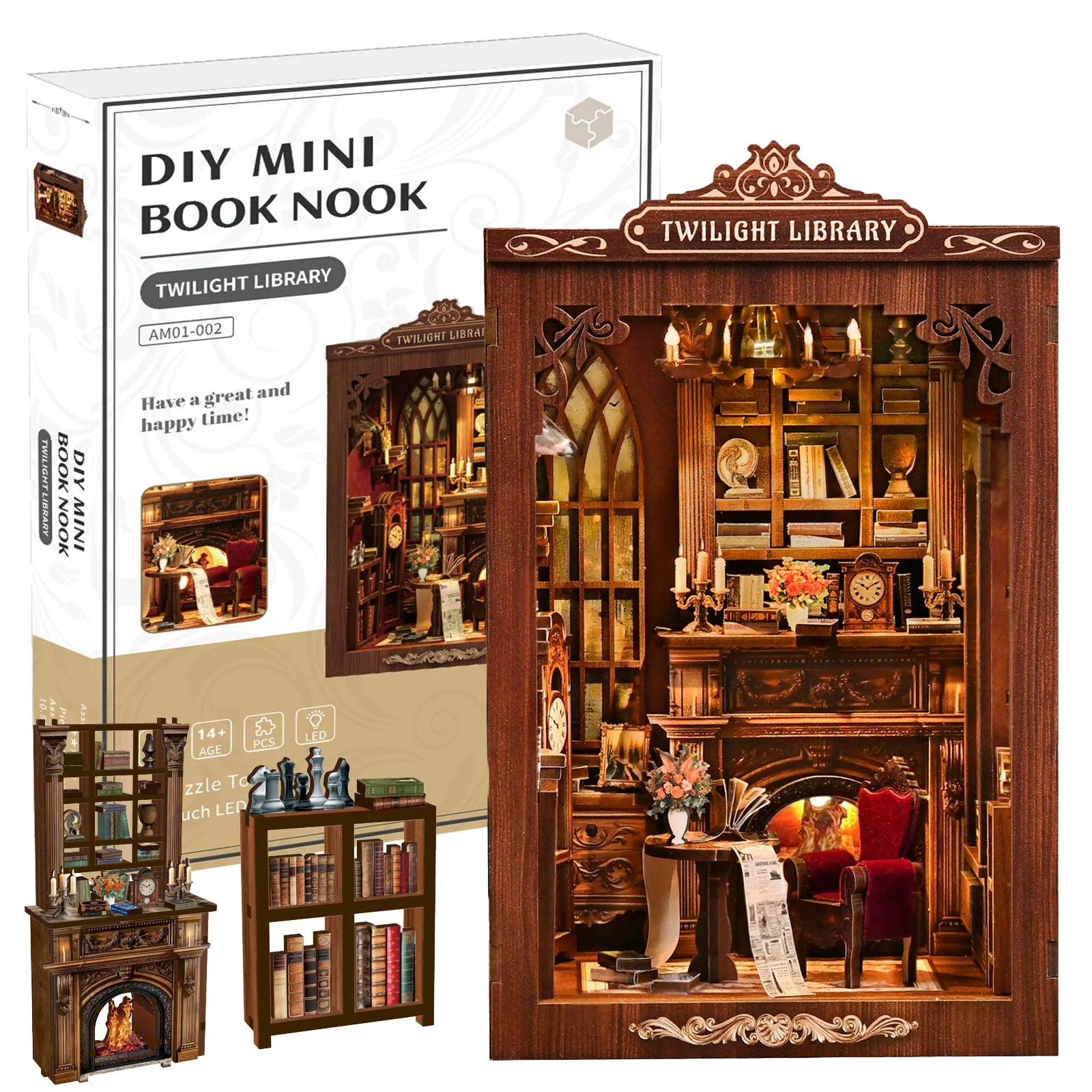DIY Book Nook Kit Decorative Miniature Nook Bookshelf Insert with LED Light 3D Wooden Miniature House for Book Lovers
