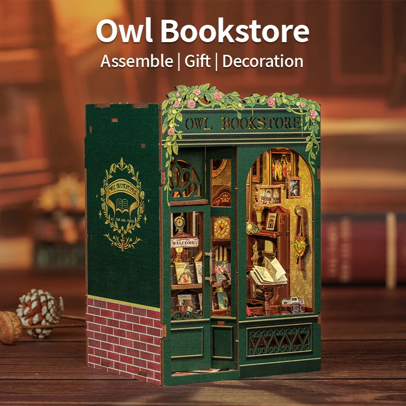 CUTEBEE DIY Book Nook Kit Miniature Wooden Dollhouse with Lights Bookshelf Insert 3D Puzzle Decor Model for Gifts Owl Bookstore