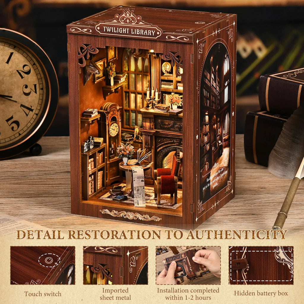 DIY Book Nook Kit Decorative Miniature Nook Bookshelf Insert with LED Light 3D Wooden Miniature House for Book Lovers