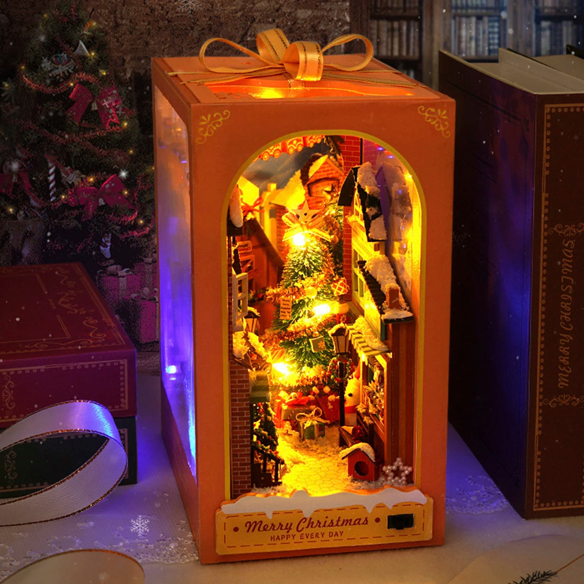 DIY Book Nook Miniatures Shelf Mini Doll House Kit LED Glowing Book Nook Dollhouse Wooden Bookshelf Home Decoration NewYear Gift