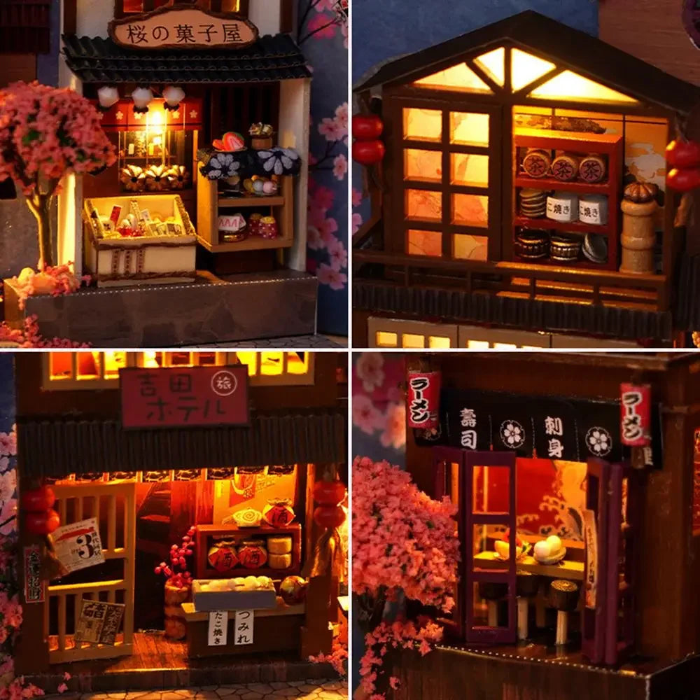 DIY Creative Book Nook Kit Decorative Japanese Style Bookend Insert Bookcase Book Stand Miniature House with LED Light Gift