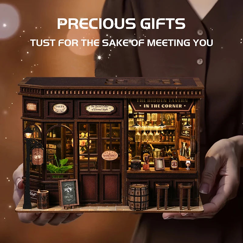 Book Nook Kit DIY Doll House With LED Light Bookshelf Insert Wooden Mini Dollhouse Furniture Light Kit For Birthday Family Gift