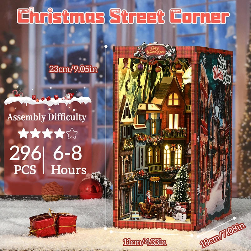 NEW DIY Book Nook Wooden Miniature Model Kits Christmas Street Corner Bookend 3D Puzzle with Light Bookshelf for Friends Gifts