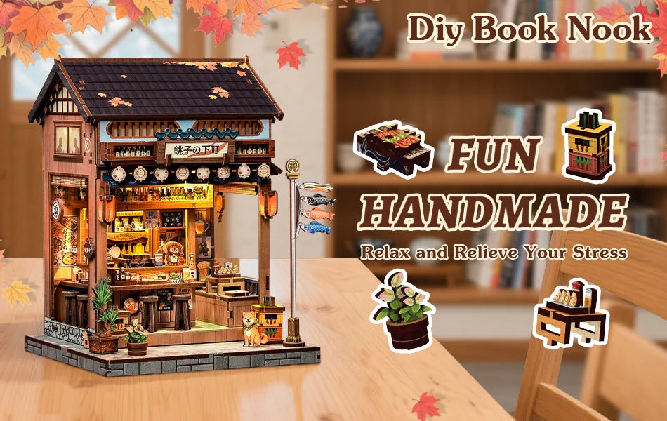 CUTEBEE DIY Book Nook Kit Miniature Dollhouse with Light Wooden Bookshelf Insert Retro Booknook Christmas Birthday Party Gift
