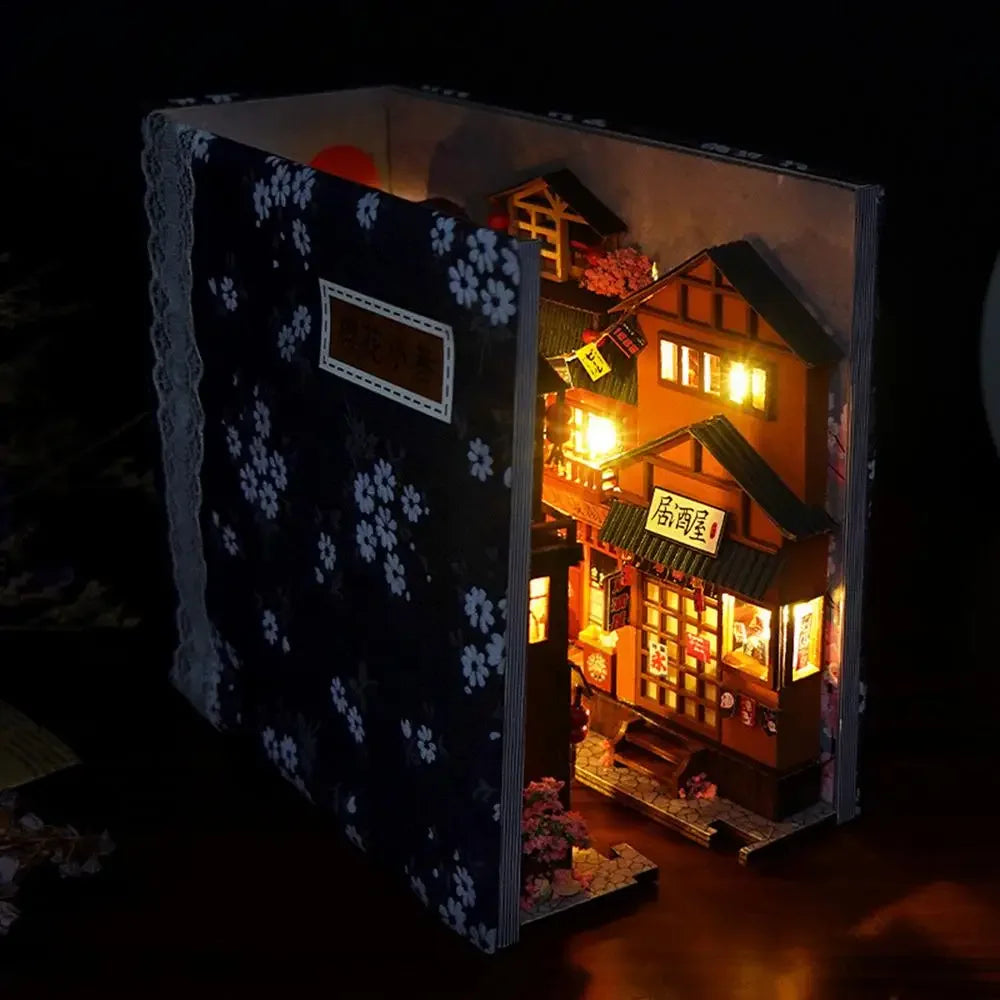 DIY Creative Book Nook Kit Decorative Japanese Style Bookend Insert Bookcase Book Stand Miniature House with LED Light Gift