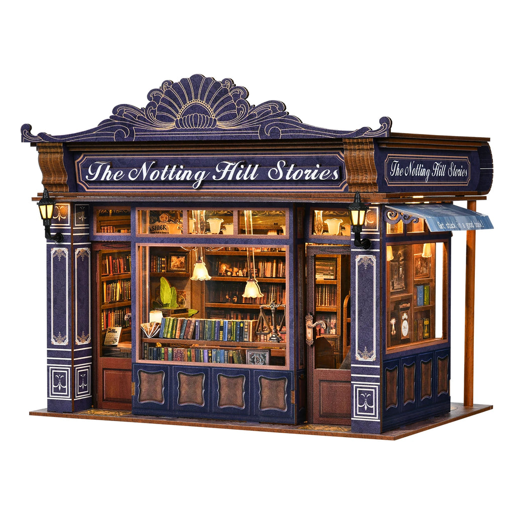 DIY Book Nook Kit Notting Hill Bookstore Wooden  Bookshop Dollhouse with Light Bookshelf Insert 3D Puzzle Decor for Gift