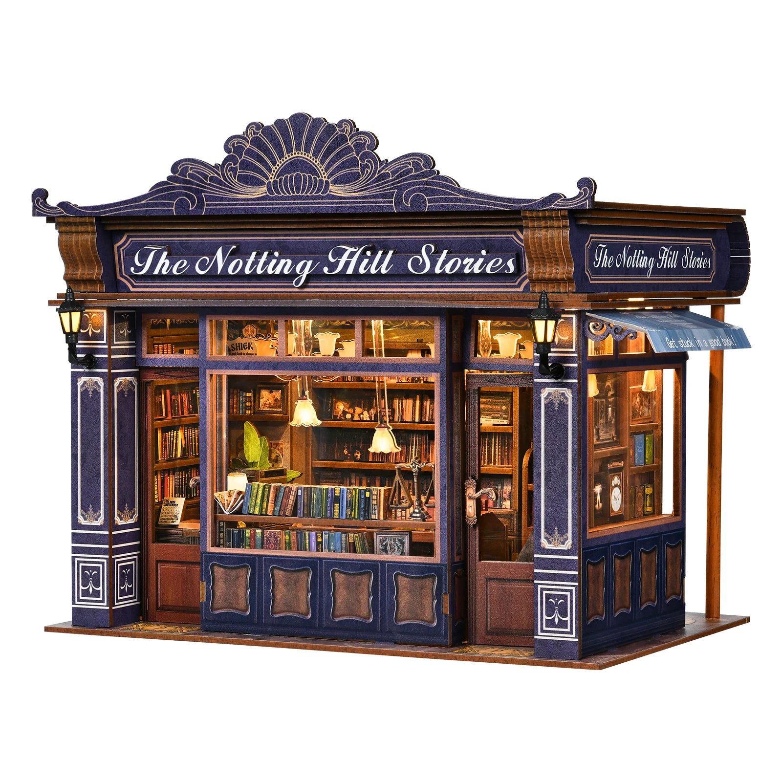 DIY Book Nook Kit Notting Hill Bookstore Wooden  Bookshop Dollhouse with Light Bookshelf Insert 3D Puzzle Decor for Gift