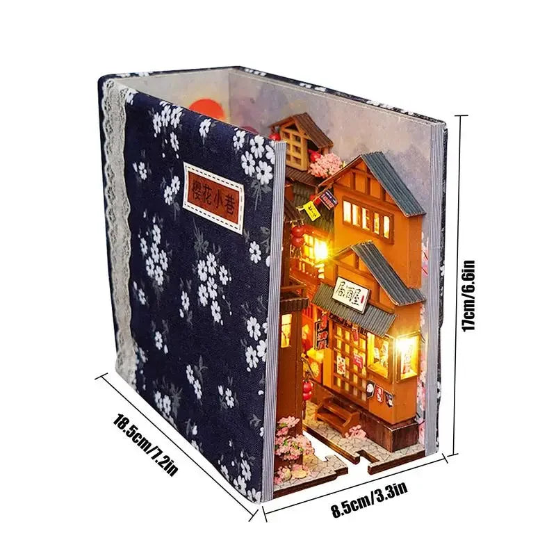 DIY Creative Book Nook Kit Decorative Japanese Style Bookend Insert Bookcase Book Stand Miniature House with LED Light Gift