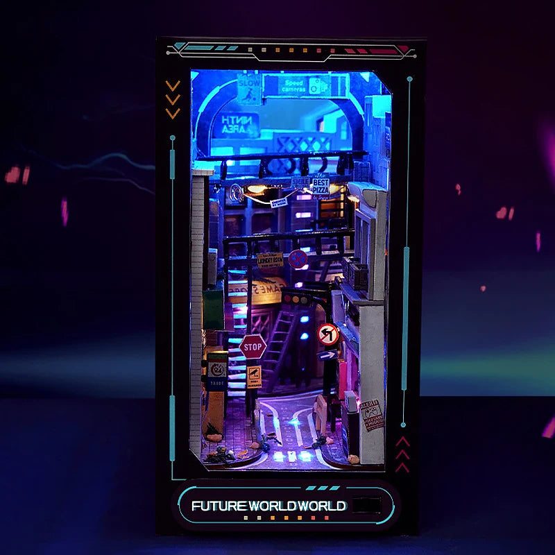 DIY Book Nook Kit Bookend Kit Wooden Doll House Bookshelf Insert Decor With Warm Light 3D Puzzle Assembly Building Model Gifts