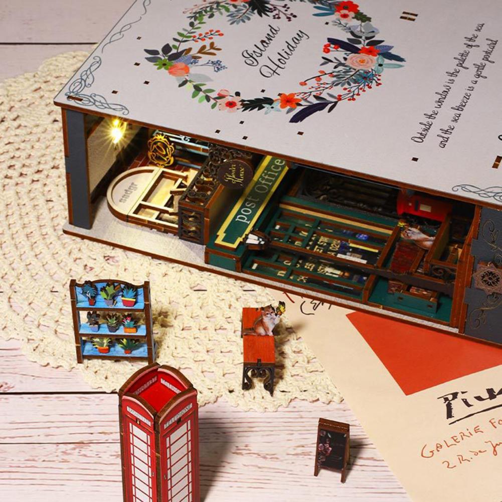 1 Set Book Nook Dollhouse Authentic Restoration Richly Structured Decoration Wood 3D Holiday Sea Island Booknook Model Dollhouse