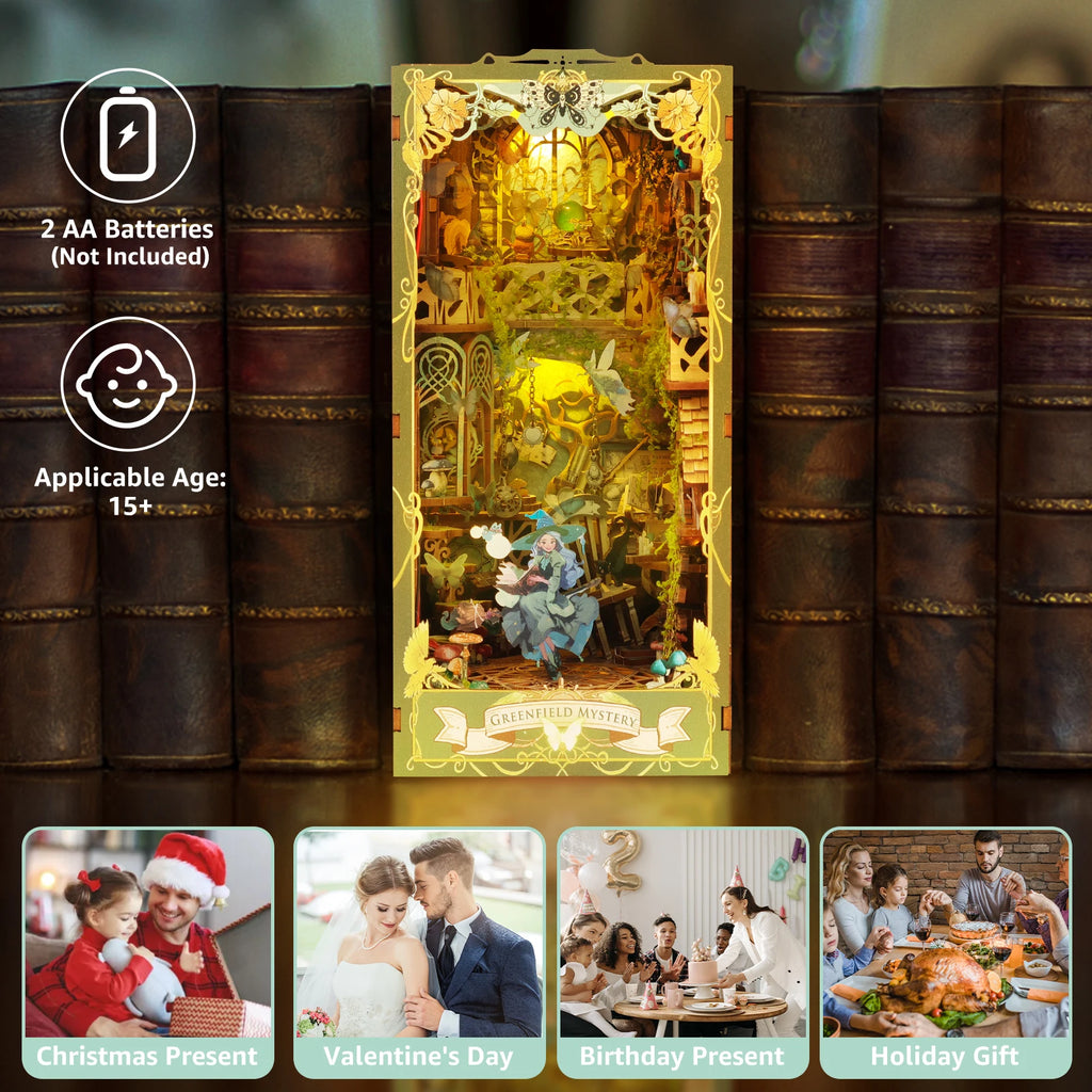 DIY Book Nook Miniatures Shelf Mini Doll House Kit LED Glowing Book Nook Dollhouse Wooden Bookshelf Home Decoration NewYear Gift