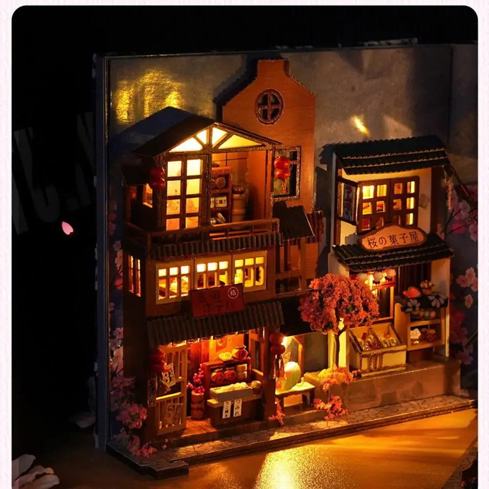 DIY Creative Book Nook Kit Decorative Japanese Style Bookend Insert Bookcase Book Stand Miniature House with LED Light Gift
