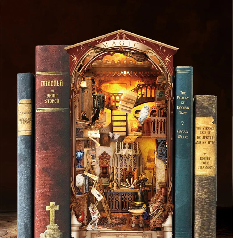 DIY Wooden Book Nook Shelf Insert Kit Miniature Building Kits Magic Night Alley Bookshelf with LED Lights Bookends Friends Gifts