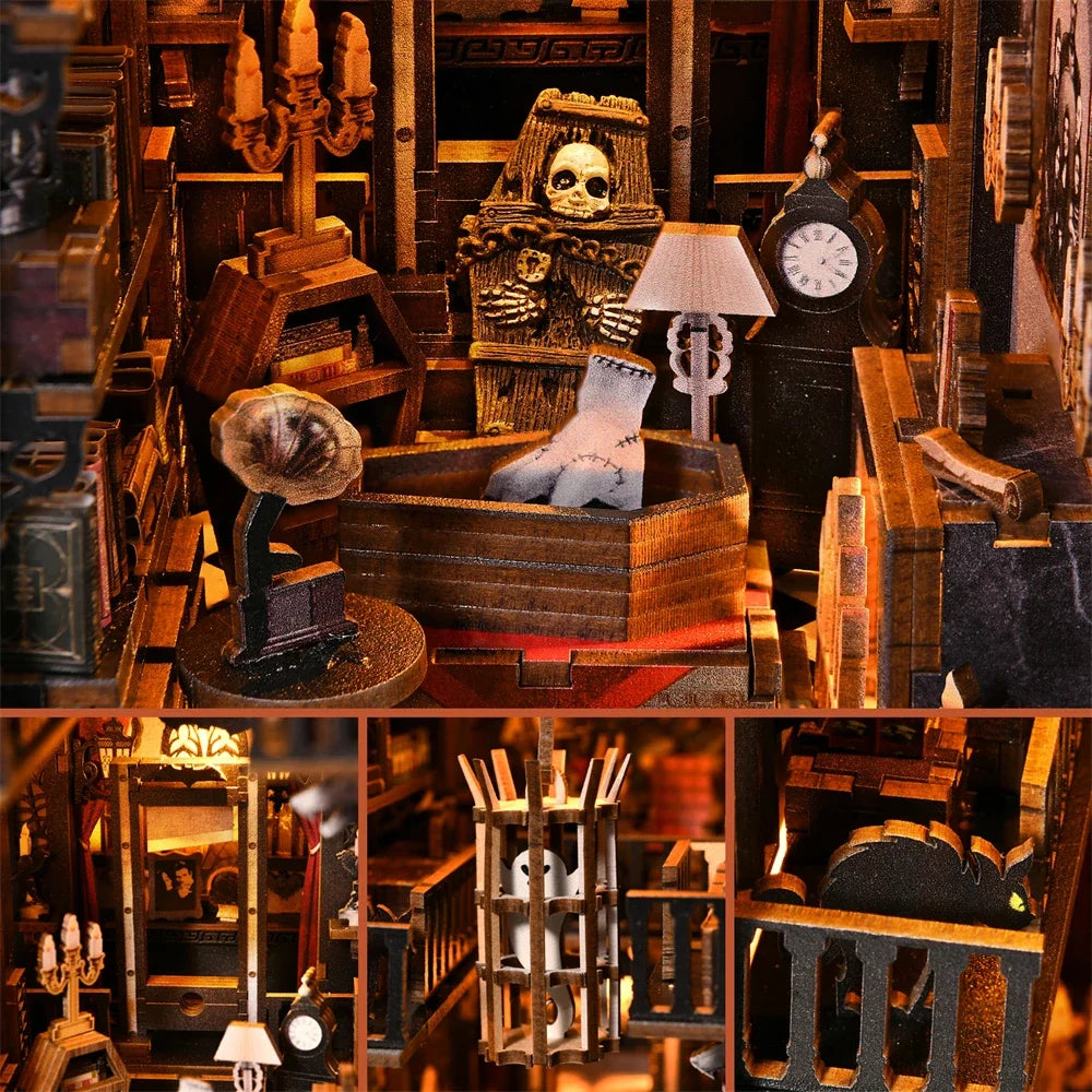 Book Nook Family DIY Wooden Puzzle Figurines Bookshelf Dollhouse Model Bookend Building Home Decoration Crafts Children's Gifts