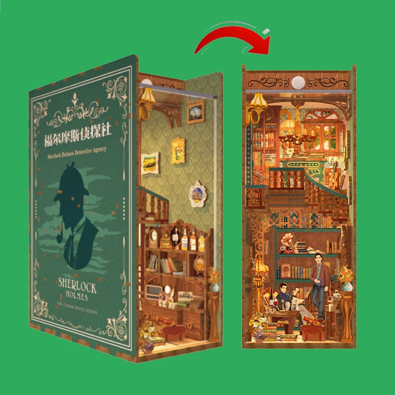 DIY Book Nook Shelf Insert Kits Wooden Miniature Model Kit Cyberrpunk Bookend Assembled Bookshelf Home Decor Christmas Gifts