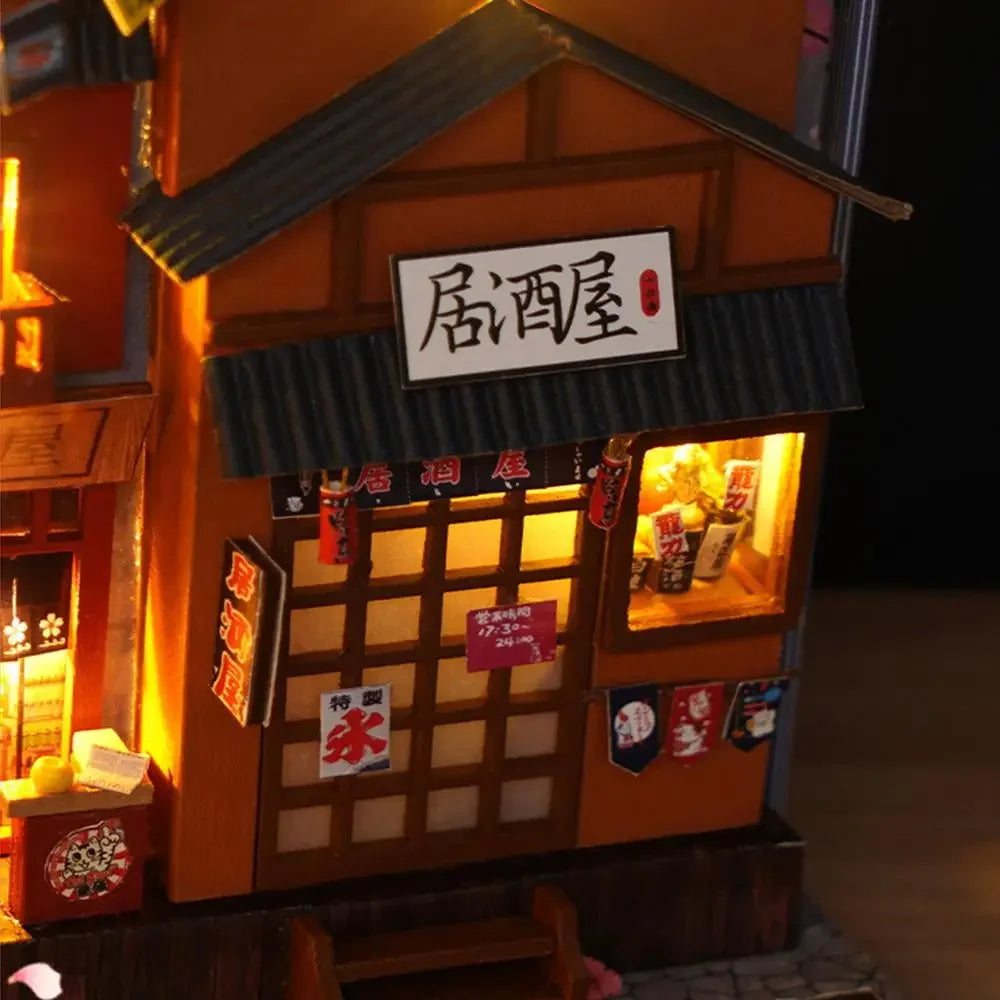 DIY Creative Book Nook Kit Decorative Japanese Style Bookend Insert Bookcase Book Stand Miniature House with LED Light Gift