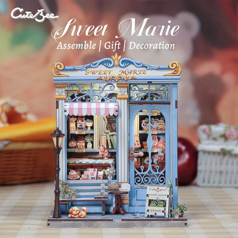 CUTEBEE Book Nook Kit DIY Doll House with LED Light Bookshelf Insert Sweet Marie Miniature Model For Birthday Family Gift