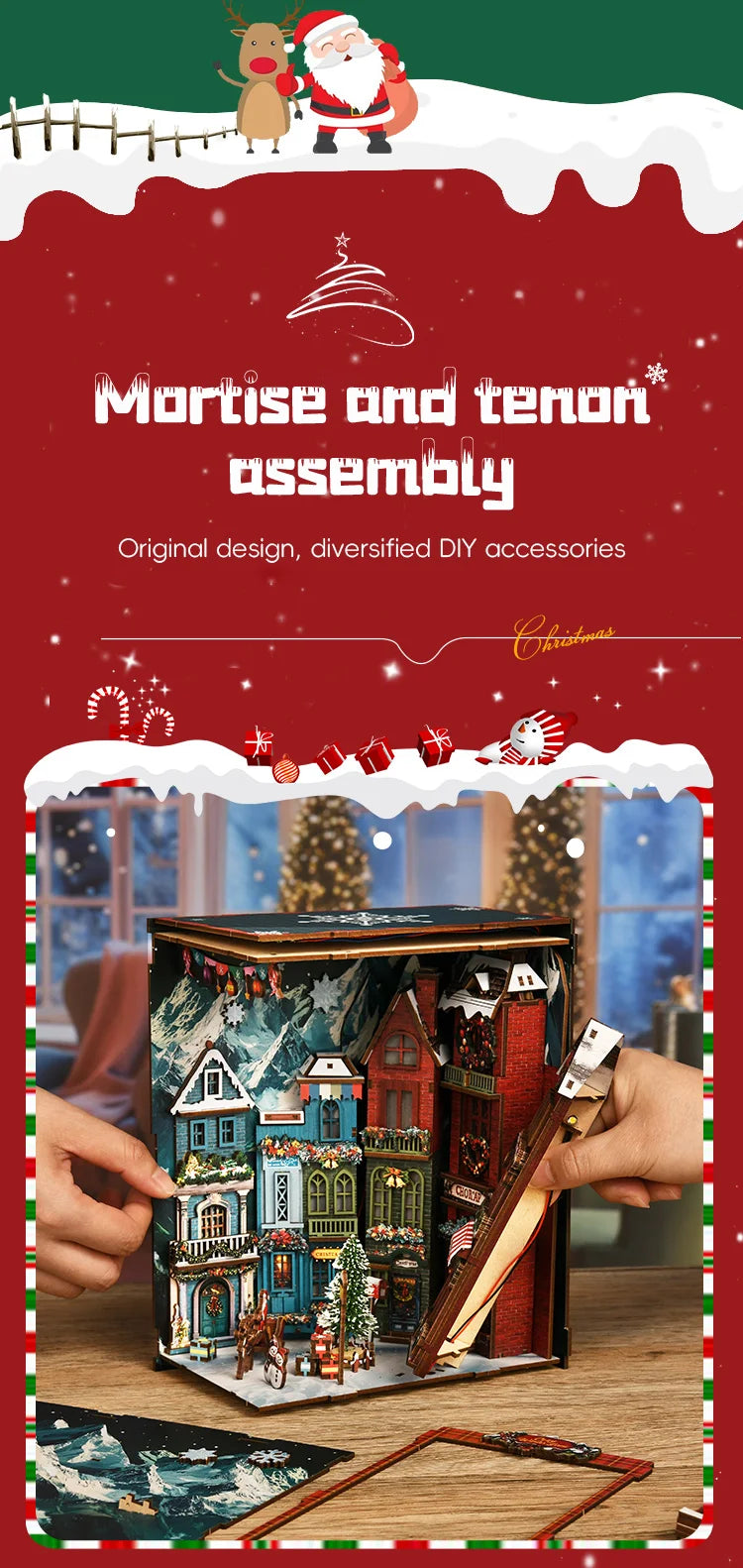 NEW DIY Book Nook Wooden Miniature Model Kits Christmas Street Corner Bookend 3D Puzzle with Light Bookshelf for Friends Gifts