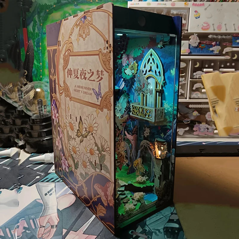 DIY Book Nook Shelf Insert Kits Wooden Miniature Model Kit Cyberrpunk Bookend Assembled Bookshelf Home Decor Christmas Gifts