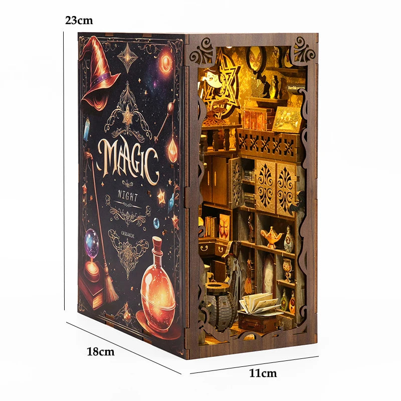 Book Nook Kit Mini 3D Wooden Puzzle Book Shelf Insert Assembly Building Model DIY Book Nook Touch Light With Furniture Xmas Gift