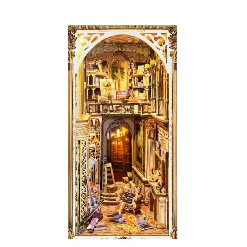Diy Wooden Book Nook Shelf Insert Miniature Model Kits Retro Court Bookshelf Handmade Bookend For Friends Xmas Gifts