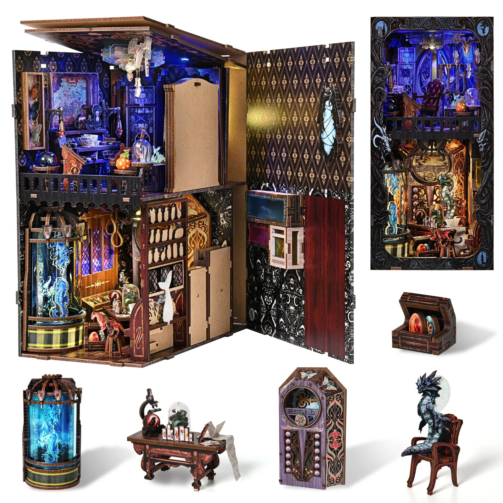 DIY Book Nook Kit Monster Collection Room Wooden Bookshop Dollhouse with Light Bookshelf Insert 3D Puzzle Decor for Gift