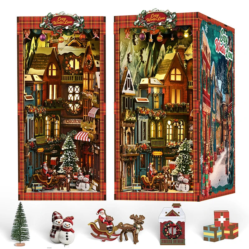 NEW DIY Book Nook Wooden Miniature Model Kits Christmas Street Corner Bookend 3D Puzzle with Light Bookshelf for Friends Gifts