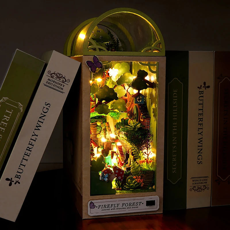 DIY Book Nook Kit Bookend Kit Wooden Doll House Bookshelf Insert Decor With Warm Light 3D Puzzle Assembly Building Model Gifts