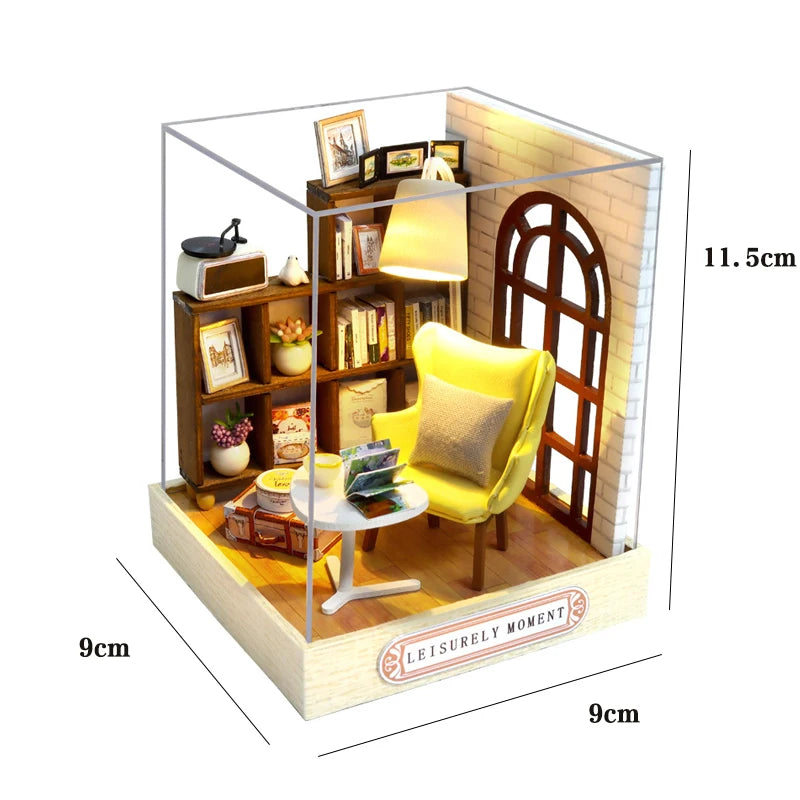 Book Nook Kit DIY Doll House With LED Light Bookshelf Insert Wooden Mini Dollhouse Furniture Light Kit For Birthday Family Gift